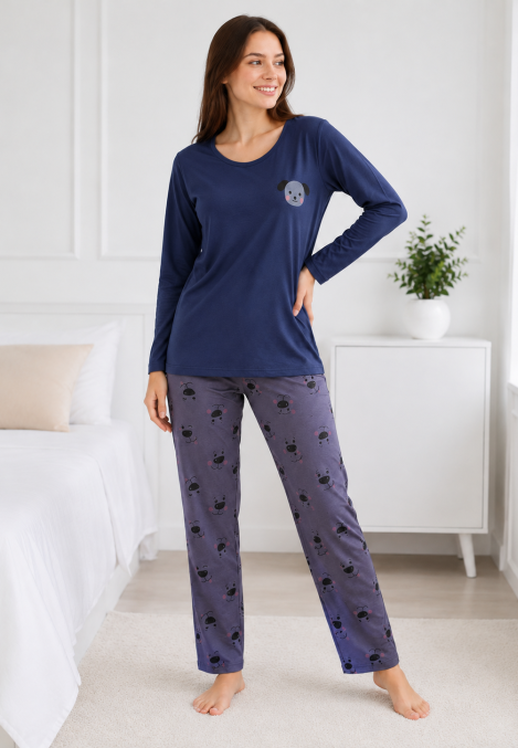 Pijama damă Serena bluză cu maneca lunga și pantaloni - Bleumarin ,Engros